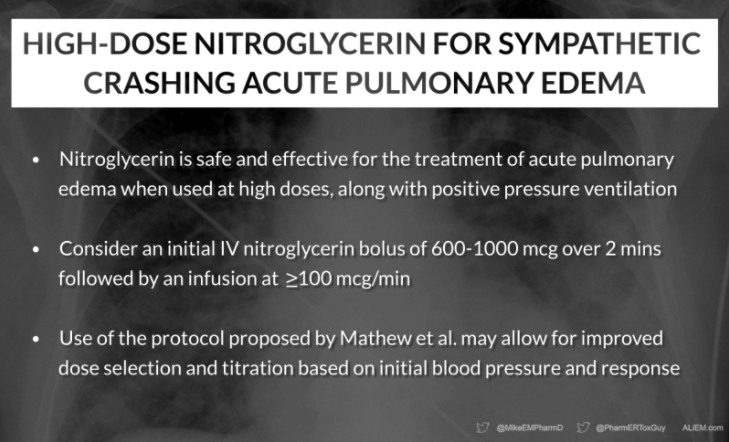High-Dose Nitroglycerin for Sympathetic Crashing Acute Pulmonary Edema aliem.com/high-dose-nitr…

The latest from our <a href="/ALiEMteam/">Academic Life in EM</a> EM Pharm Pearl Series #FOAMed <a href="/MikeEMPharmD/">Mike O'Brien</a>