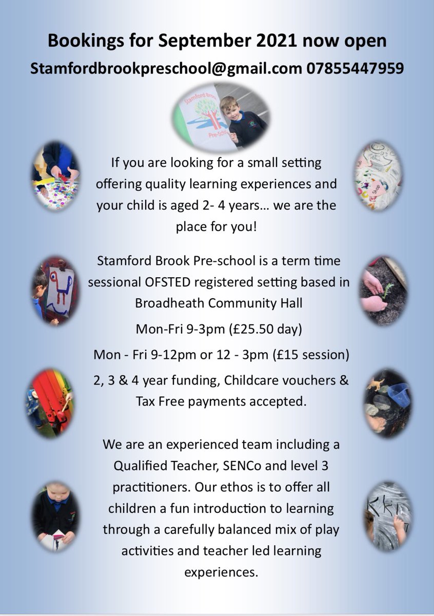 We are now accepting applications for after September 2021. Please get in touch for more information stamfordbrookpreschool@gmail.com