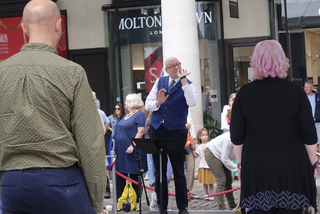 ROHchorus's tweet photo. Today some of us were singing a few opera favourites in the @CoventGardenLDN piazza for the #ROHUnlocked festival with the lovely @AnushH_Soprano We will be on again tomorrow at 11.40 and 13.50 if you wanted to join us! Find out more here: https://t.co/Qam7C6FBRZ https://t.co/9FMwjAurfZ