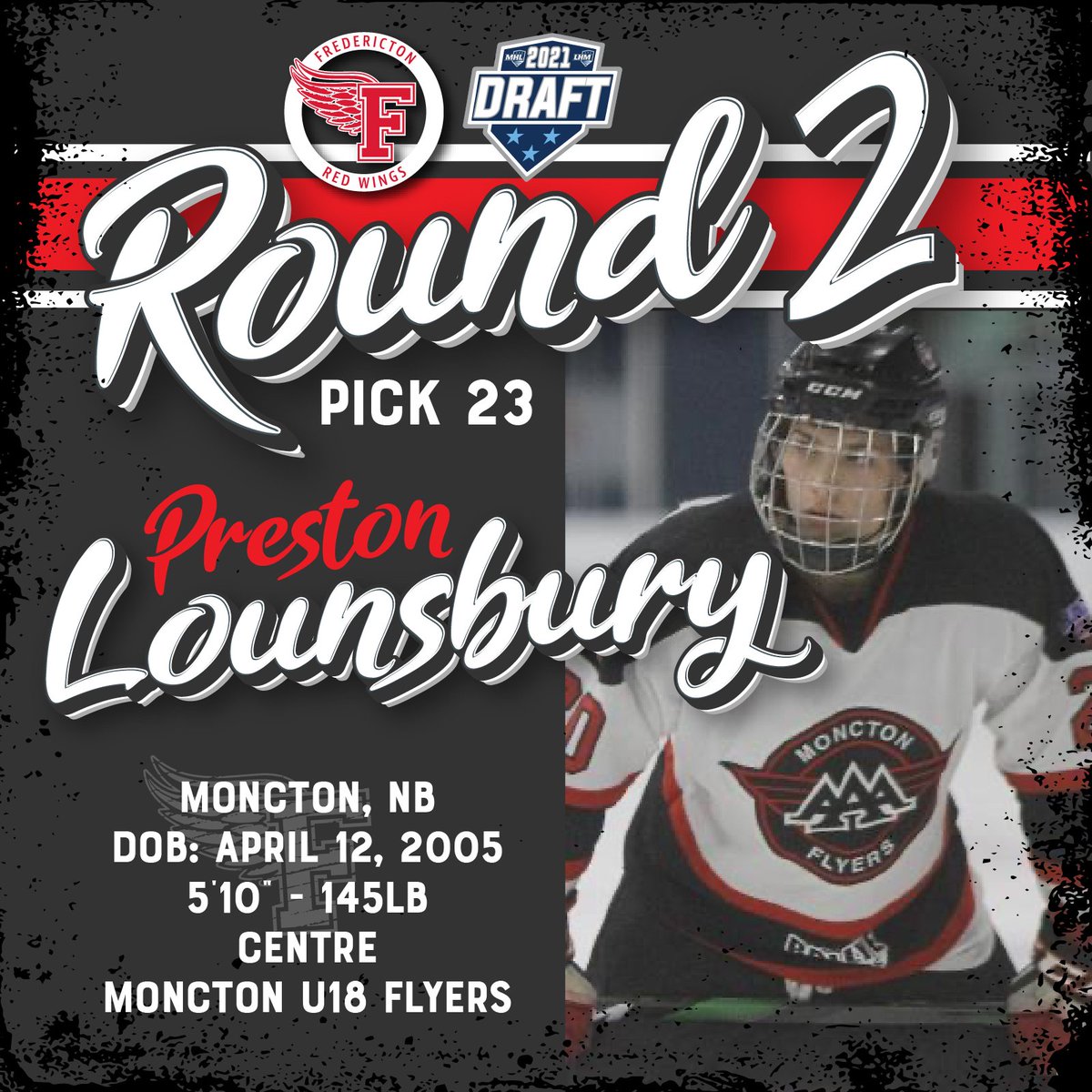 lightchaleur's tweet photo. ‼️DRAFT ALERT‼️   

The Fredericton Red Wings have selected Preston Lounsbury with the 23rd pick in the 2021 MHL Draft.   

#RockTheWings https://t.co/qnQbbXZmWo