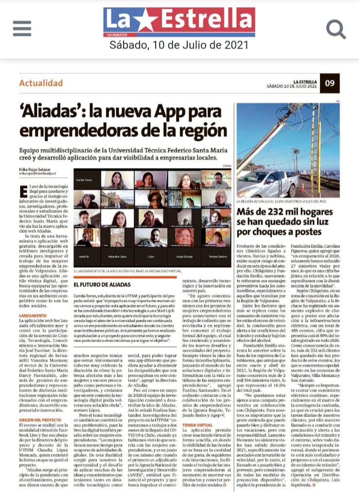 informaticaUSM's tweet photo. @laestrellavalpo destaca en su edición de hoy el lanzamiento de @AliadasApp, aplicación para mujeres emprendedoras desarrollada con el liderazgo de la profesora Claudia López a través de un proyecto de investigación financiado por la ANID.

https://t.co/a2rwENzrzB https://t.co/ARQGhaqI9q