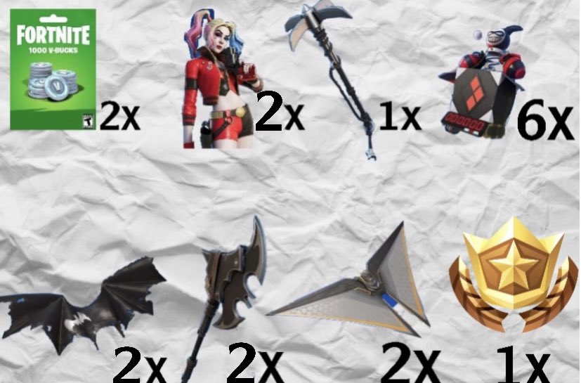 DACELL427's tweet image. BIG GIVEAWAY
2X 1K VB CARDS
1X BATTLE PASS
2X REBIRTH HARLEY
2X BATMAN GLIDER
2X PURRFECT PICKAXE 
2X DEATHSTROKE GLIDER
6X HARLEY BACKBLING
2X BATARANG PICKAXE
RETWEET &amp;amp; FOLLOW
@JonesyGives
@dropwtf
@sawant_arnav 
@ExileInc1 
@IxonicFNBR
@Anthonyplays26
@dacell427
Ends in 72 hrs