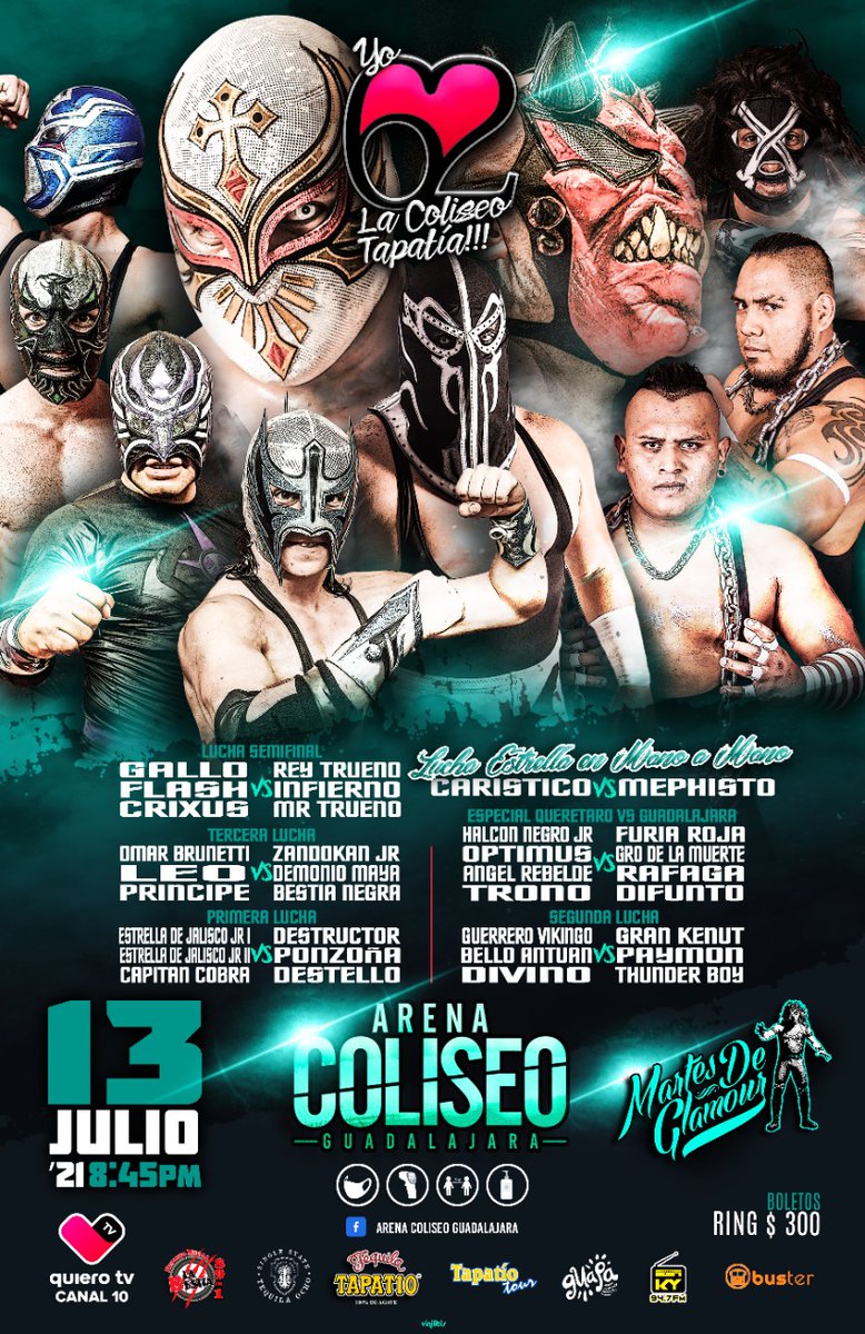 TapatioTourGdl's tweet photo. 🔥➡️Ya tenemos cartelera para el Martes 13 de Julio, 2021 ✅ No te lo puedes perder! Recuerda tenemos promoción 2x1 en Tour de Lucha #TapatioTour #guadalajara #RecorridosTuristicos #visitaguadalajara #HazTurismoPorMexico #cmll #luchalibre #arenacoliseo #losrudos #martesdeglamour https://t.co/oOdgm6cUCu