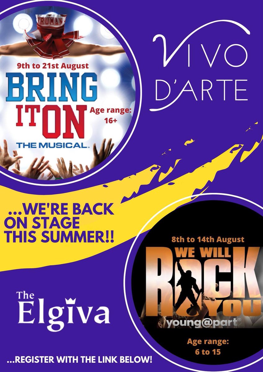 We’re back on stage this summer! If you’re aged between 6 &amp; 15 or 16+ &amp; would like to be part of either Bring it On or We Will Rock You at <a href="/ElgivaTheatre/">The Elgiva</a> #chesham then register today forms.gle/7bTn5HqUFHuSjm… #theshowmustgoon #bringingtheatreback #aylesbury #mysicaltheatreaylesbury