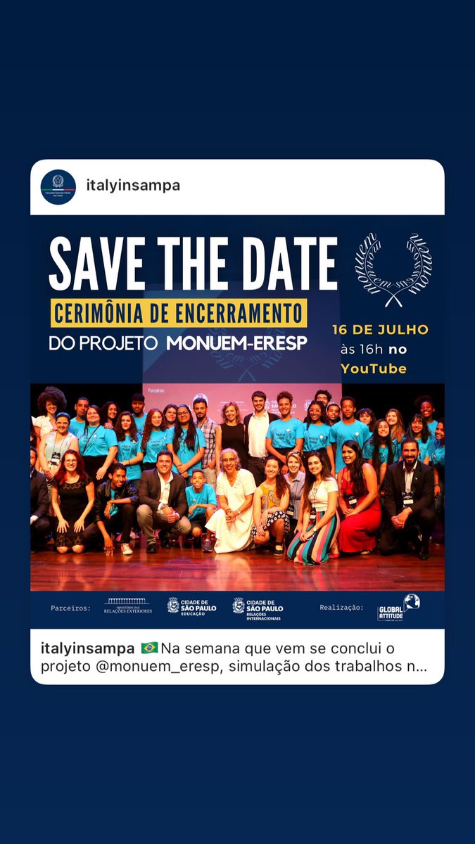 ItalyinSaoPaulo's tweet photo. Na próxima semana chega ao fim o projeto @Monuem_Eresp, simulação dos trabalhos nas Nações Unidas.
Incentivamos com entusiamo este projeto promovido pela @prefsp.
Uma janela para o mundo aberta aos jovens paulistanos!
È sempre um prazer falar da Itália, e de quanta 🇮🇹 temos no 🇧🇷 https://t.co/ZbsdTOOhg8
