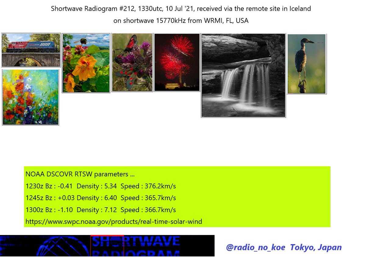 radio_no_koe's tweet photo. I've decoded pictures from WRMI via #RemoteSDR in Iceland.
Station : WRMI, FL, USA
Program : @SWRadiogram #212
Date : 10 Jul '21
Time : 1330UTC
Freq : 15770kHz
RX : #RemoteSDR in Iceland
#RemoteBCL https://t.co/pUUPdGOhbQ