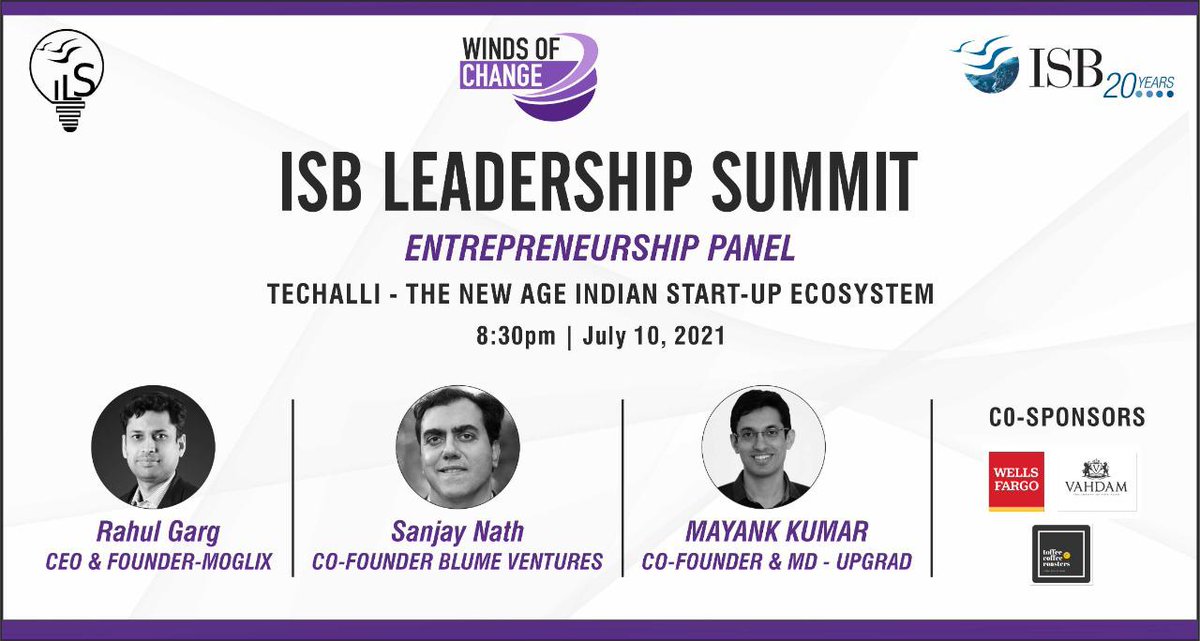 ISBedu's tweet photo. Tune into ISB Leadership Summit tonight at 8:30 pm for a panel talk on "Techalli - The New Age Indian Startup Ecosystem". #ILS2020
Watch live on๐น https://t.co/wCx6qH9j9p
@sanjaynath @blumeventures @mayank_kmr @ragarg https://t.co/KWbDzAzLPT