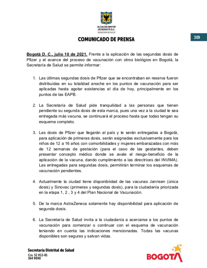 Secretaria Distrital De Salud On Twitter Frente A La Aplicacion De Segundas Dosis De Pfizer Y La Vacunacion Con Otros Biologicos La Secretaria De Salud Comparte Informacion De Interes Https T Co X2y4v0cgyn