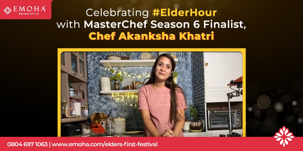 Cherish the once-in-a-lifetime moment with MasterChef Season 6 Finalist, <a href="/chefakanksha/">Akanksha Khatri</a>, as she brings to you a plethora of tempting recipes.
Tune in to #ElderHour at India’s 1st ever #EldersFirstFestival now.
Sign up via bit.ly/3xhvHck or call us at 08046971063.