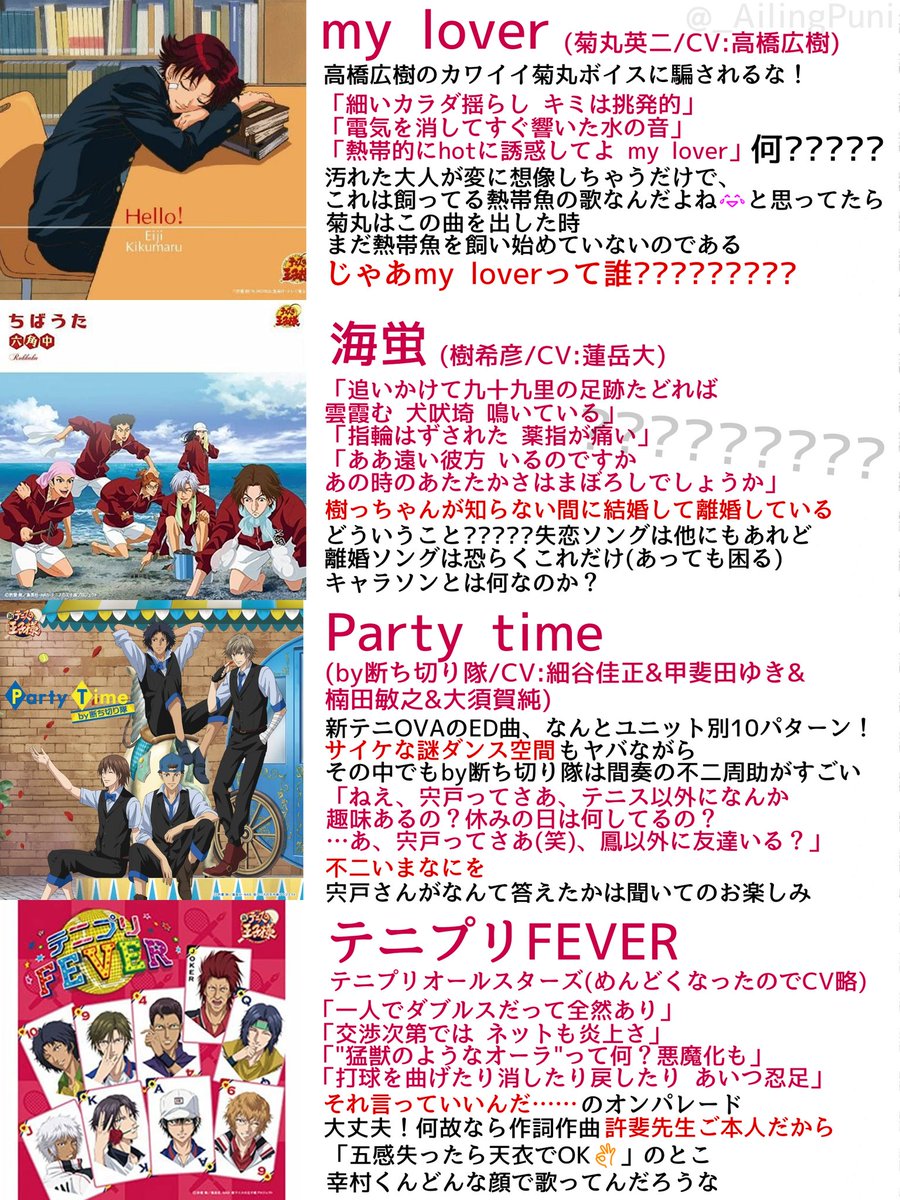 _AilingPuni's tweet photo. 【テニオタ歴約10年が本気で選んだオススメキャラソン】番外編、「オタクから見てもどうしていいかわからないヤバ曲12選」です
テニプリキャラソンは現在900曲超え！もうオタクも全部把握できてないテニプリキャラソンをよろしくね https://t.co/SQVsr67bVD