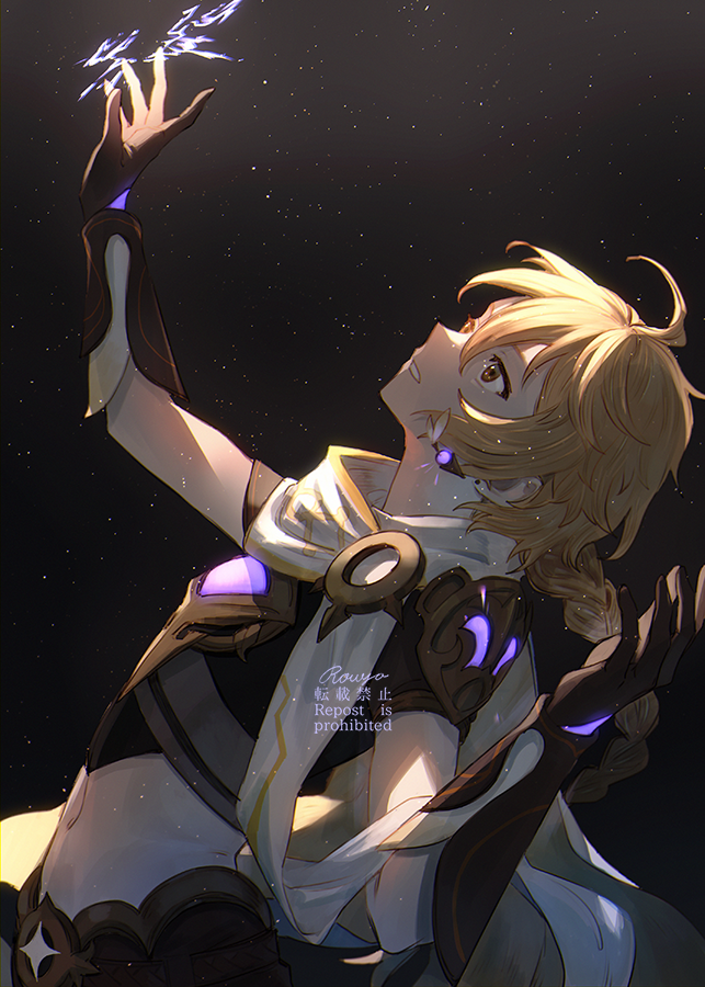 aether (genshin impact) 1boy male focus blonde hair earrings jewelry gloves braid  illustration images