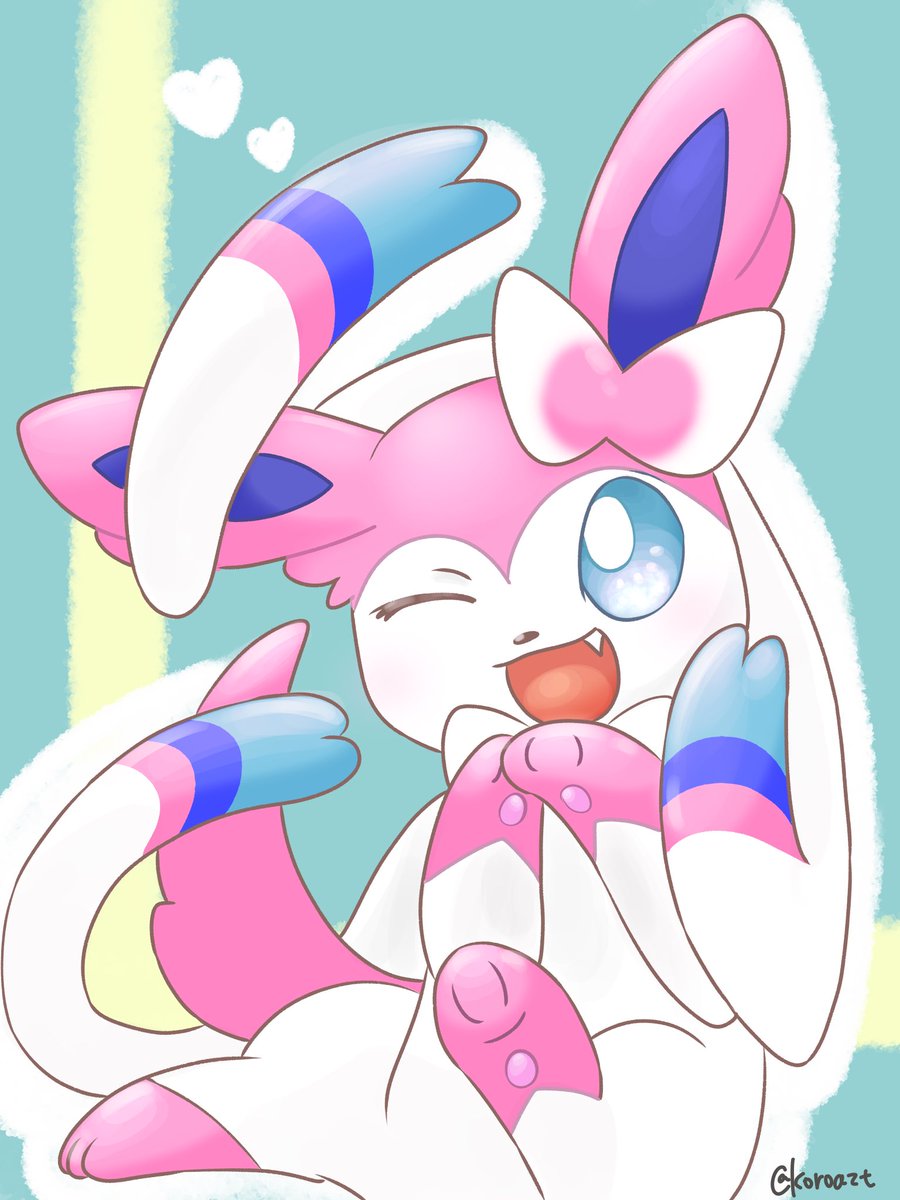sylveon no humans one eye closed pokemon (creature) open mouth solo smile fang  illustration images