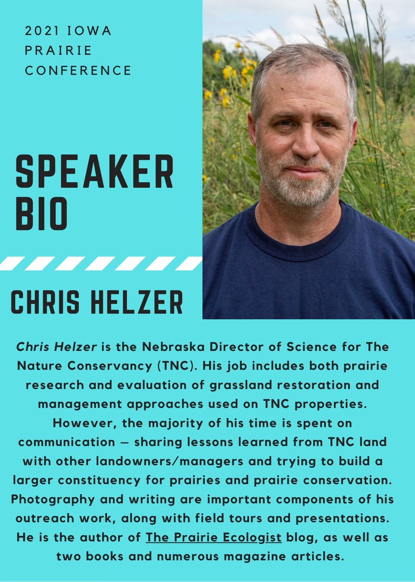 IowaPrairieNet's tweet photo. The Iowa Prairie Conference is just under a month away!

July 31 the conference is virtual (schedule here: https://t.co/sr5nMKdirM).  The link also has the schedule and speakers (bios in the pics below).

August 1 IPN will be in an actual prairie!

Agenda below in next tweets https://t.co/nBD77uF05f