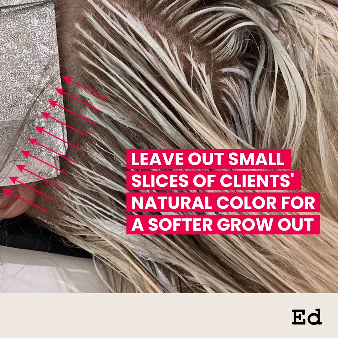 WellaEducation's tweet photo. Is your client afraid of obvious roots? We've got you! 👇

#PROtechnique:
Leave out small slices of hair along the face frame to create a softer grow out. If your client has to go a long time between appointments, they'll have a more subtle transition to natural color! https://t.co/NOapeca35O