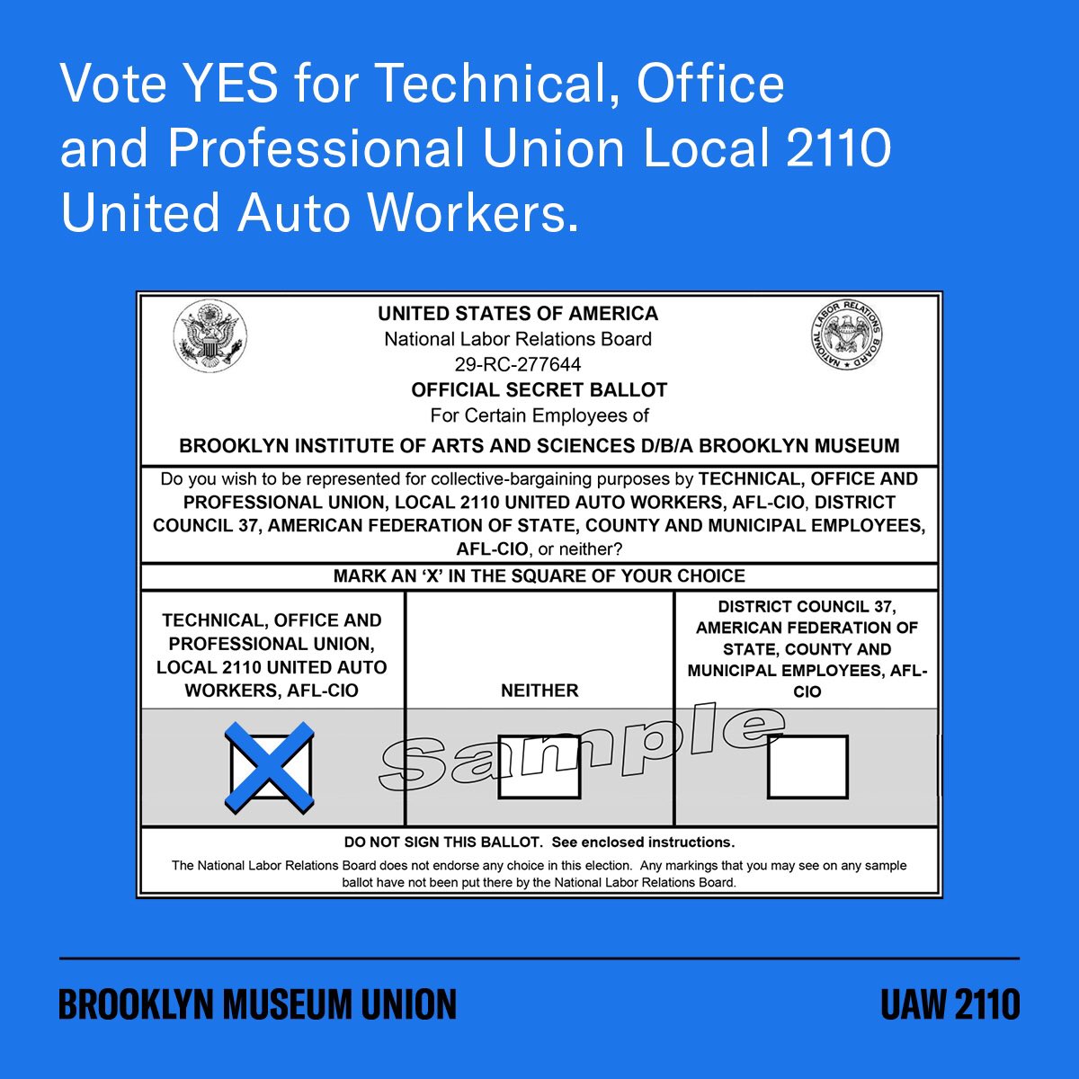 bkmuseumunion's tweet photo. OUR BALLOTS ARE OUT! If a majority of us vote for TECHNICAL, OFFICE AND PROFESSIONAL UNION LOCAL 2110 UAW, our union will be certified. Together, we have an opportunity to make the Museum a stronger, more sustainable workplace for all. #UnionStrong #brooklynmuseumunion #bkmu https://t.co/6AlJ9RW3p1
