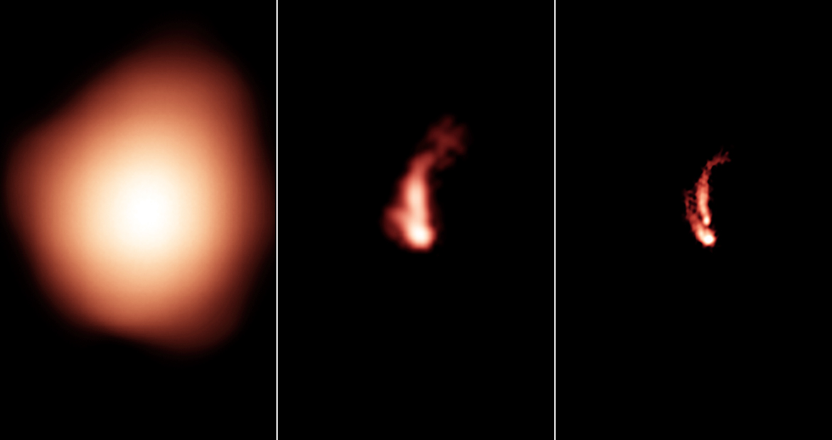 TheNRAO's tweet image. From FIRST to VLASS 📡

The same radio-emitting object was observed over many decades by three #VeryLargeArray radio sky surveys. The current survey image (right) allows astronomers to identify the image as jets of material propelled outward from the center of a galaxy.