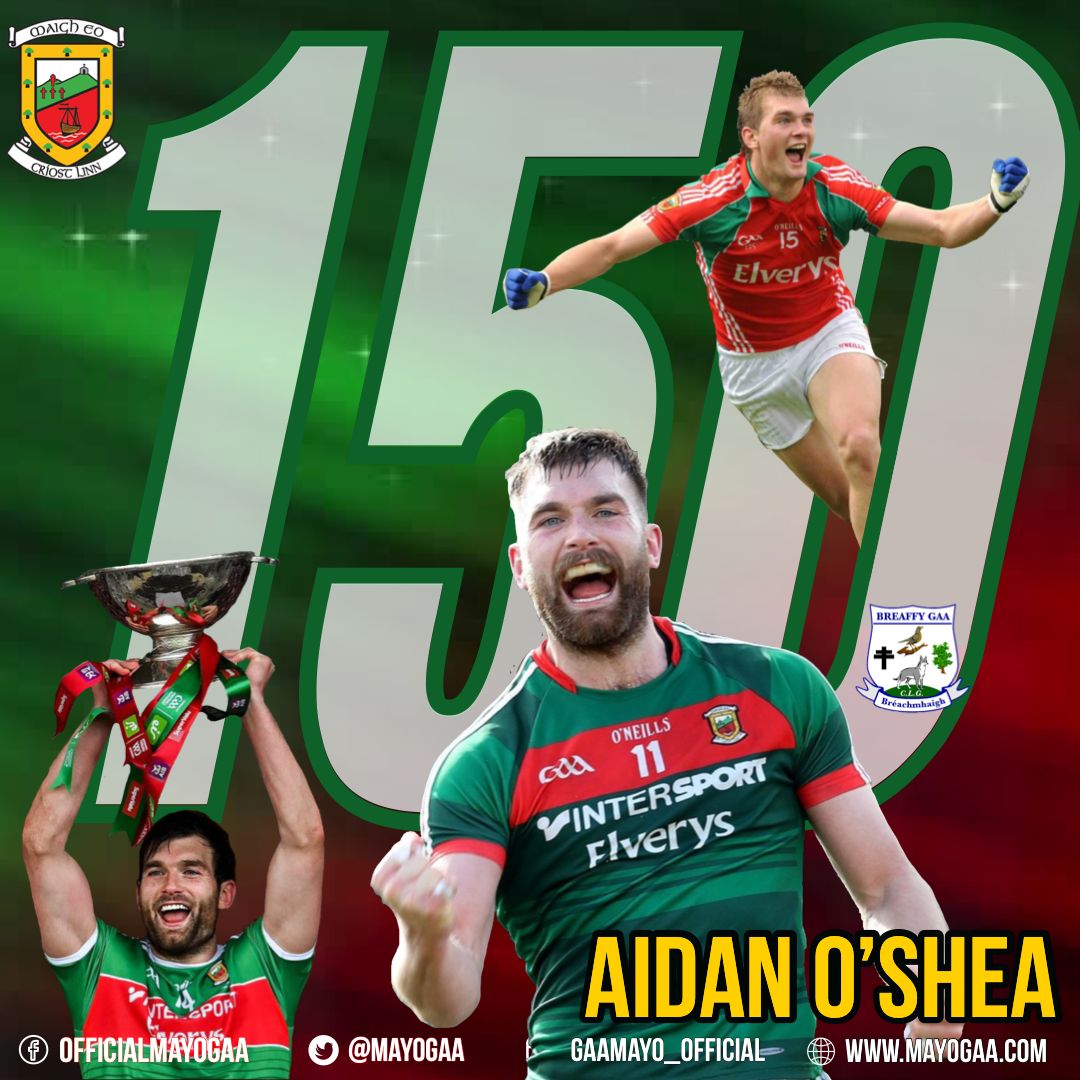 1️⃣5️⃣0️⃣Congrats to Aidan O'Shea who made his 150th appearance today in league & championship football for Mayo.!👏 @BreaffyGAA Gaa clubman became the 4th Mayo player to reach the coverted career feat behind Andy Moran, Keith Higgins & Kevin McLoughlin. WELL DONE Aidan💪 #MayoGAA