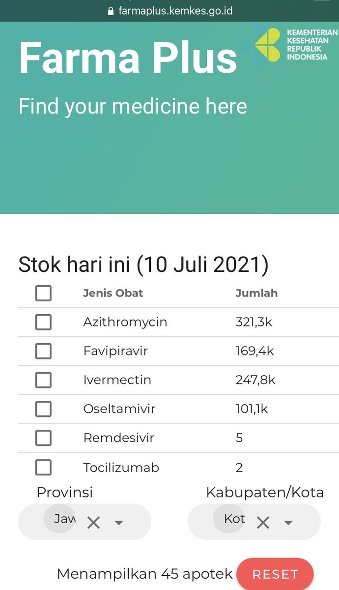osijicare's tweet image. Untuk yg perlu cari dan beli obat untuk terapi covid di apotik Kimia Farma, bisa menggunakan situs ini;

farmaplus.kemkes.go.id

Data merupakan stok terakhir pagi jam 07.:00, di lengkapi juga peta lokasi. 

Oiya, hindari konsumsi obat tanpa petunjuk dokter 🙏🏾 @infomalang