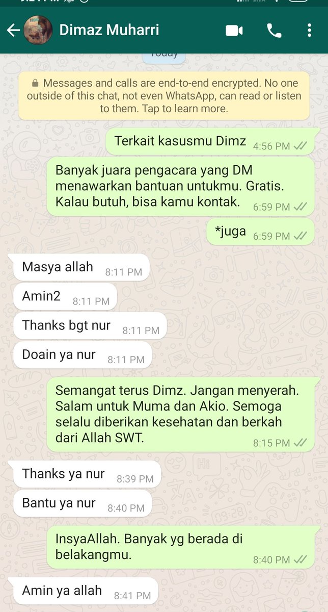 Banyak advokat yg DM ke saya dan menawarkan bantuan hukum kpd Dimaz. Gratis.

Saya pribadi mengucapkan terima kasih dan niat itu sudah saya sampaikan ke Dimaz.

Dimaz sendiri sudah punya lawyer. Mohon dukungan agar Dimaz kuat melawan niat jahat, perilaku zalim tak manusiawi itu.