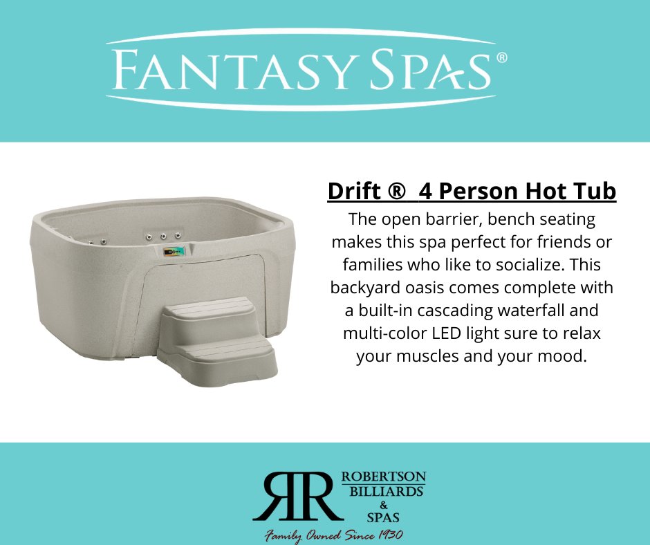 Robertson Billiards and Spas (@robertsonbilrds) on Twitter photo The compact Drift brings you maximum comfort without sacrificing quality. Sit back and relax as the 17 jets massage your stress and tension away.
Shop now: ow.ly/yu5u50FsWuI
#RobertsonsBilliardsandSpas #FantasySpas #jacuzzi #spa #hottub #drifthottub The compact Drift brings you maximum comfort without sacrificing quality. Sit back and relax as the 17 jets massage your stress and tension away.
Shop now: ow.ly/yu5u50FsWuI
#RobertsonsBilliardsandSpas #FantasySpas #jacuzzi #spa #hottub #drifthottub