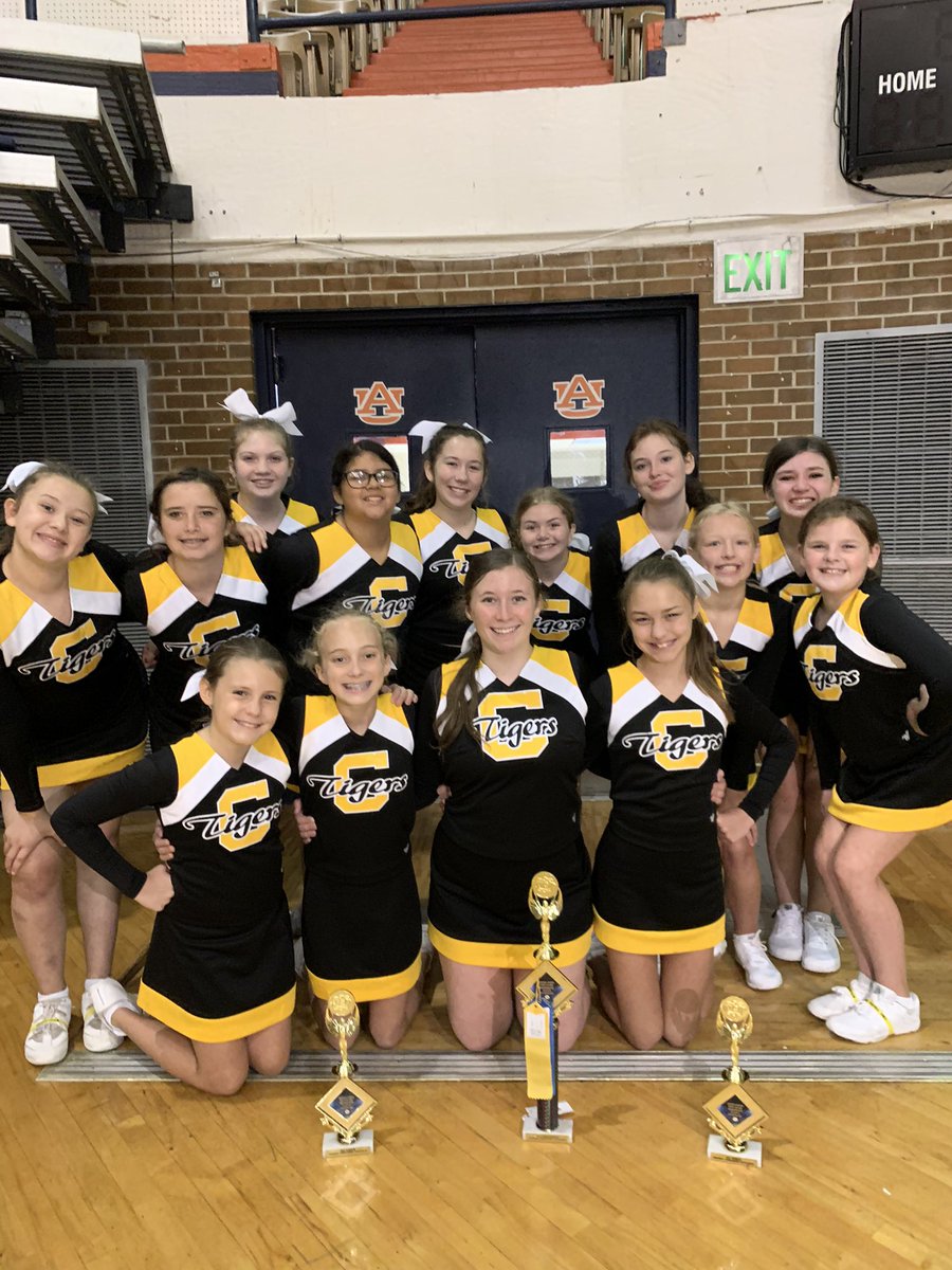 cmstigerscheer's tweet photo. First competition of the season and these ladies placed 1st in their cheer division, 3rd overall GAMEDAY and 3rd in camp dance for their division.  They learned valuable lessons on teamwork and perseverance this week! @Tigerscms @DCS_TN  #TigerPride https://t.co/CoGxKhBKg9
