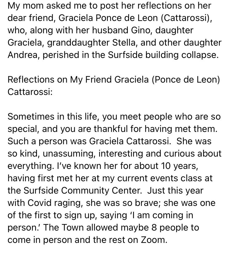 My mom asked me to post her tribute to her good friend, Graciela Ponce de Leon, who, along with four other family members, perished in the #SurfsideBuildingCollapse (continued)