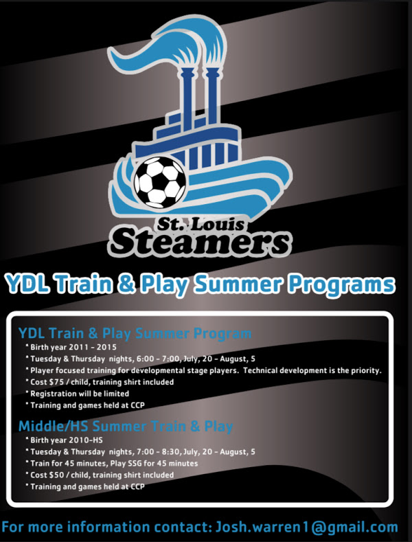 SteamersStl's tweet photo. Come join us for a little summer soccer, open to everyone.  Let's just have some fun!
Train &amp; Play - YDL Registration Link - Birth Year 2011-2015
https://t.co/bGqA8GlJMw

Train &amp; Play - Middle/HS Registration Link - Birth Year 2010 - High School
https://t.co/EnJ2CrqWTW https://t.co/qJWQj1slTM