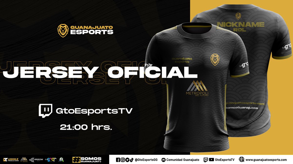 GtoEsportsGG's tweet photo. 𝗟𝗔𝗡𝗭𝗔𝗠𝗜𝗘𝗡𝗧𝗢 𝗢𝗙𝗜𝗖𝗜𝗔𝗟 𝗝𝗘𝗥𝗦𝗘𝗬 𝟮𝟬𝟮𝟭 🎽🦁🖤💛

¿Quieres adquirir la piel de Guanajuato Esports? 👀

@zambu95 nos dará toda la información en directo. 🤩

¡Te esperamos! 
📺 https://t.co/vsorWcUdNS
⏰ 21:00 hrs. 

https://t.co/XD2crsz9Eh | #SomosGuanajuato https://t.co/PUHt3WLBLh