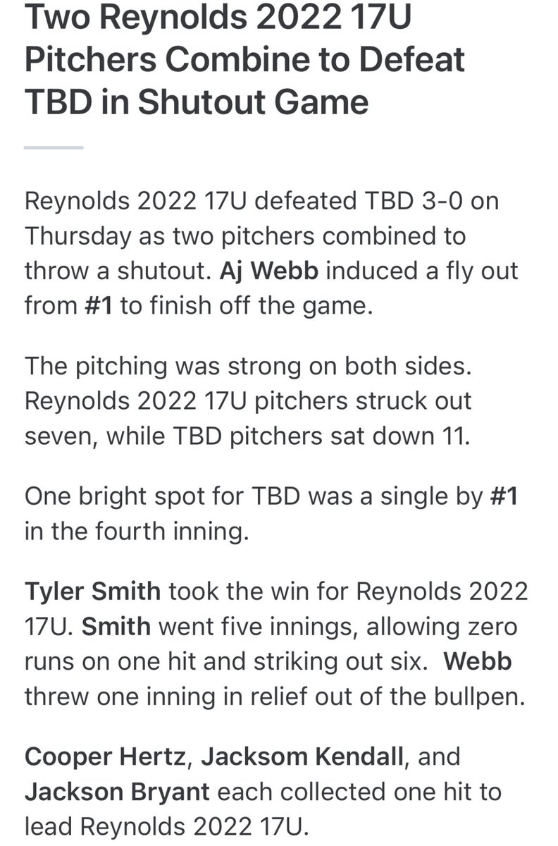 USA Prime 2022 Reynolds (@usaprimereyn) on Twitter photo Game 2 from 7/8 in ATL was a good one!
<a href="/SmithSmithtp/">Tyler Smith</a> OF/RHP 5 IP 84-86 87T
<a href="/AJWebb84864305/">AJ Webb</a> UT/RHP 76-78 80T
<a href="/C_L_Hertz22/">Cooper Hertz</a> <a href="/jackson_bryant7/">Jackson Bryant</a> <a href="/JEKendall17/">Jackson Kendall</a> with hits Game 2 from 7/8 in ATL was a good one!
<a href="/SmithSmithtp/">Tyler Smith</a> OF/RHP 5 IP 84-86 87T
<a href="/AJWebb84864305/">AJ Webb</a> UT/RHP 76-78 80T
<a href="/C_L_Hertz22/">Cooper Hertz</a> <a href="/jackson_bryant7/">Jackson Bryant</a> <a href="/JEKendall17/">Jackson Kendall</a> with hits