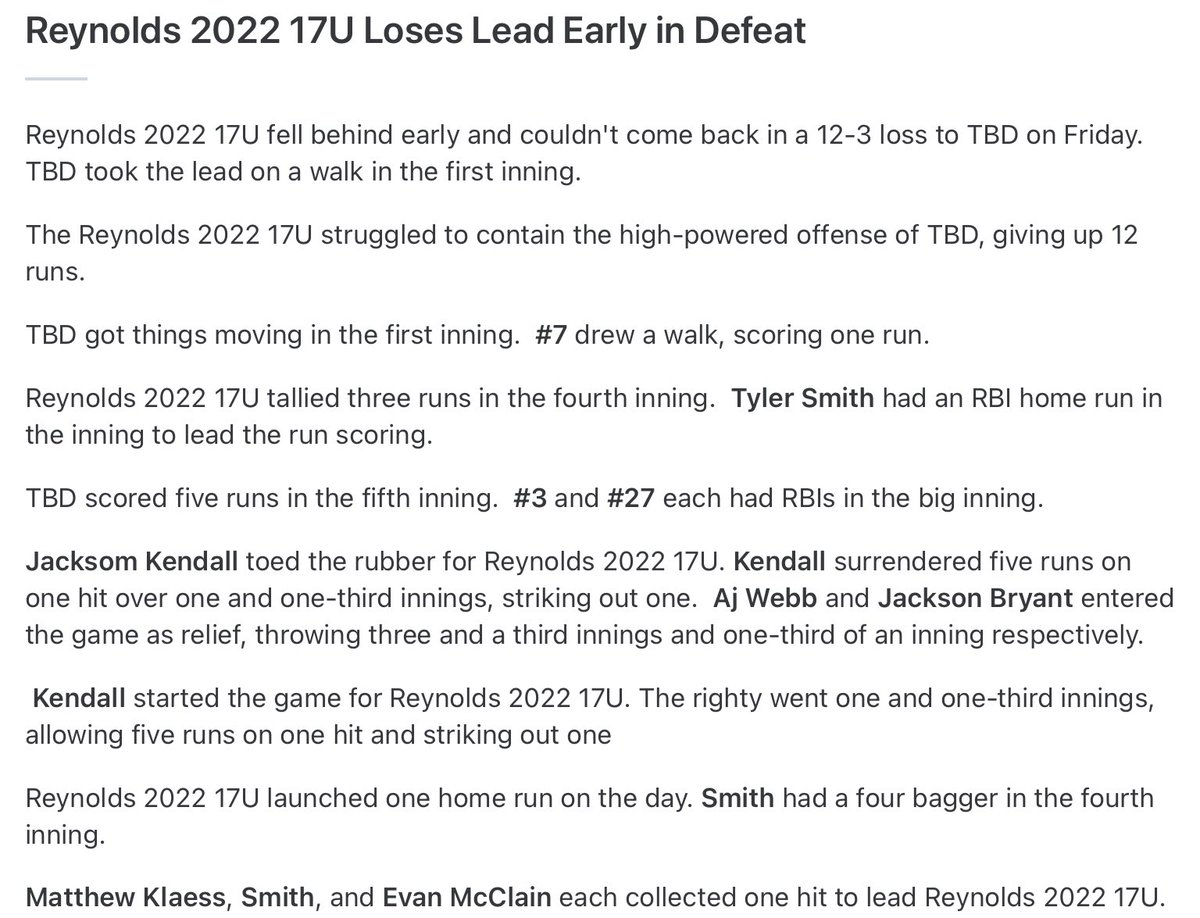 USA Prime 2022 Reynolds (@usaprimereyn) on Twitter photo Yesterday’s game was a rollercoaster out here in ATL.
<a href="/JEKendall17/">Jackson Kendall</a> RHP/1B 1.1 IP 84-86 88T
<a href="/AJWebb84864305/">AJ Webb</a> UT/RHP 75-77 79T
<a href="/jackson_bryant7/">Jackson Bryant</a> SS/RHP .1 82
<a href="/SmithSmithtp/">Tyler Smith</a> w/ 3run homer & <a href="/KlaessMatthew/">Matthew Klaess</a> <a href="/evanmcclain10/">evan mcclain</a> had a hit Yesterday’s game was a rollercoaster out here in ATL.
<a href="/JEKendall17/">Jackson Kendall</a> RHP/1B 1.1 IP 84-86 88T
<a href="/AJWebb84864305/">AJ Webb</a> UT/RHP 75-77 79T
<a href="/jackson_bryant7/">Jackson Bryant</a> SS/RHP .1 82
<a href="/SmithSmithtp/">Tyler Smith</a> w/ 3run homer & <a href="/KlaessMatthew/">Matthew Klaess</a> <a href="/evanmcclain10/">evan mcclain</a> had a hit