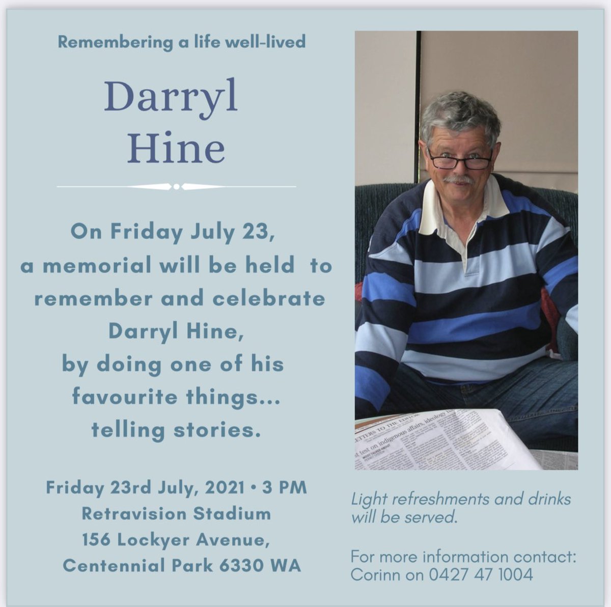 Due to Covid, we were not able to give Darryl a proper funeral, now that things are looking somewhat more manageable We are holding a memorial for Darryl later this month here in Albany to give him the send off he deserves. All welcome #doitfordarryl