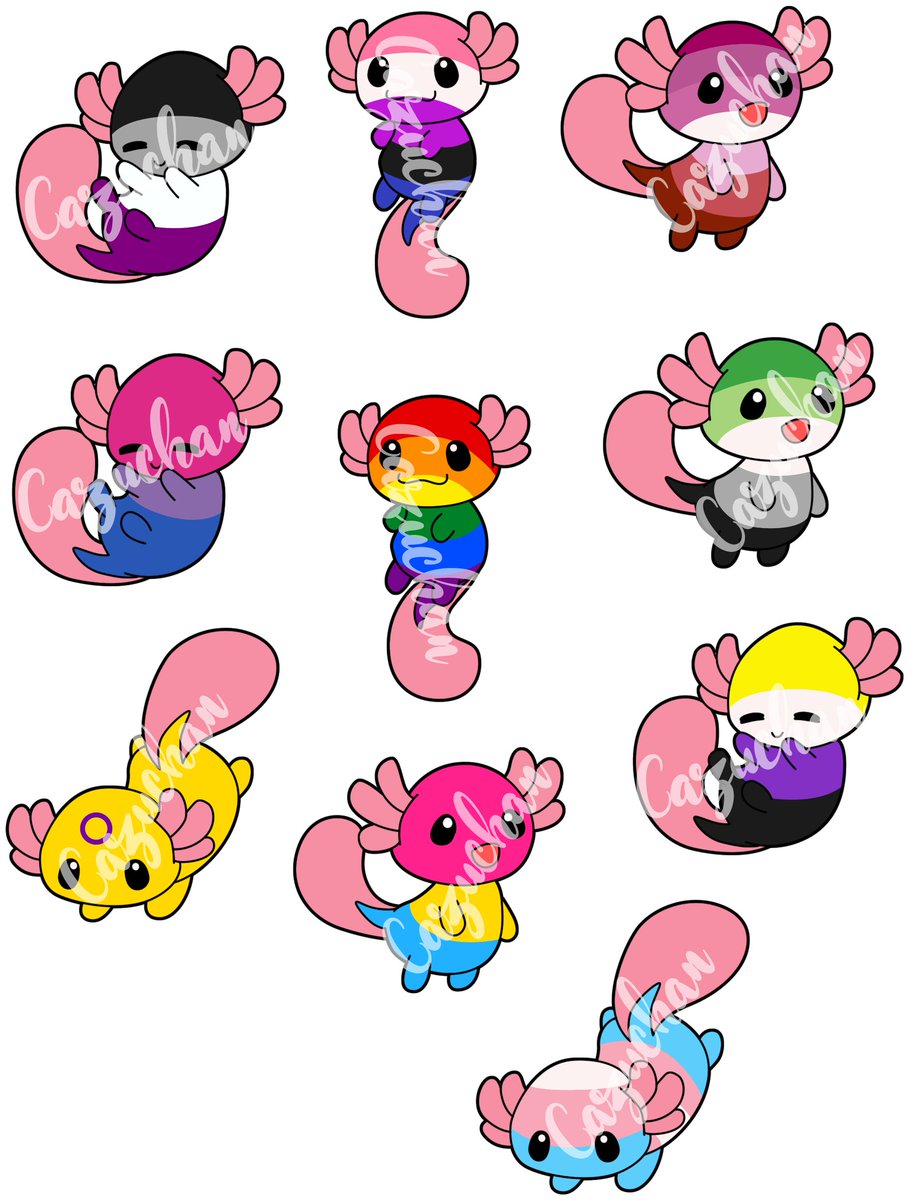 I probably should have posted this during #PrideMonth2021 but... lets celebrate #Pride and being yourself all year long! 

Here are some Axolotl sticker examples, there are so many flags I just though I would start with these!