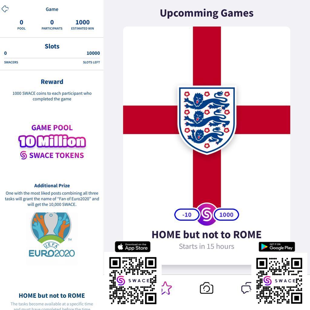 swaceapp's tweet image. HOME but not to ROME #ItsComingHome! New entertainment for the final. 

⚽FOLLOW @swaceapp
⚽LIKE &amp;amp; RETWEET
⚽JOIN "HOME but not to ROME" game on Swace App
 
and FIRST 500 will #EARN 500  #swace

#ComeOnEngland #euro2020 @England @EURO2020 #threelions #letsgo #final #eng