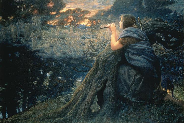 arealmofwonder's tweet photo. An evensong I heard beyond the hill,
Whose water'd notes did cleanse my aching heart;
And its gentle breeze of dew-spun amber chill,
Did weave a tale to draw me from afar.

~ Cian

'Fantasy in Twilight' (1911) 🎨 Edward Robert Hughes https://t.co/L3FdmhNPQu