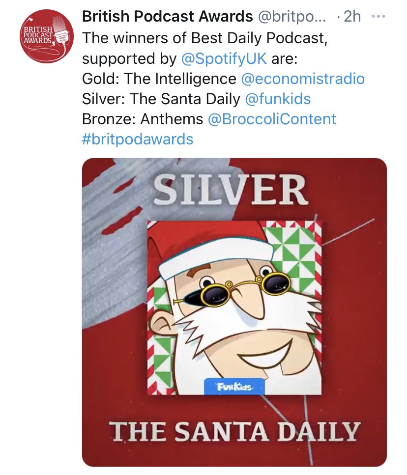 WeAreDevaweb's tweet photo. Silver! 🥈 That works for us! We love working with @funkids to create The Sant Daily and to win an award for it at the @britpodawards is the icing on the cake! https://t.co/fEUseyB19x