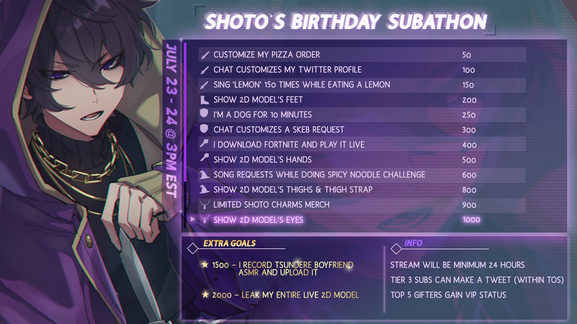Shoto 🗡️ on X: ◉ SHOTOS 24 HOUR BIRTHDAY SUBATHON ◉ Morning guild  members! I wanted to announce that Ill be having a stream subathon to  celebrate my birthday later this month,