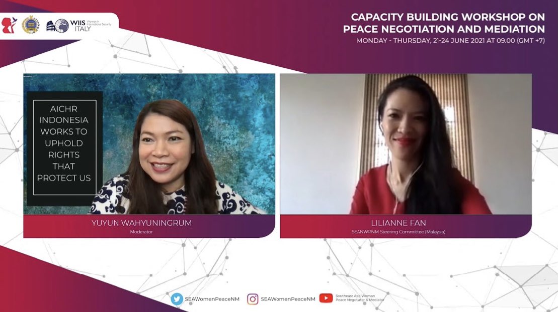 SEAWomenPeaceNM's tweet photo. Session 5 Humanitarian Considerations in Mediation &amp; the Critical Contribution of Refugee Leaders in Peace Processes was held 23/6 &amp; moderated by @Wahyuningrum. @LilianneFan stated the need to pay attention to victims in conflict &amp; take action to address the humanitarian crisis https://t.co/SDUmCBJ9Hb