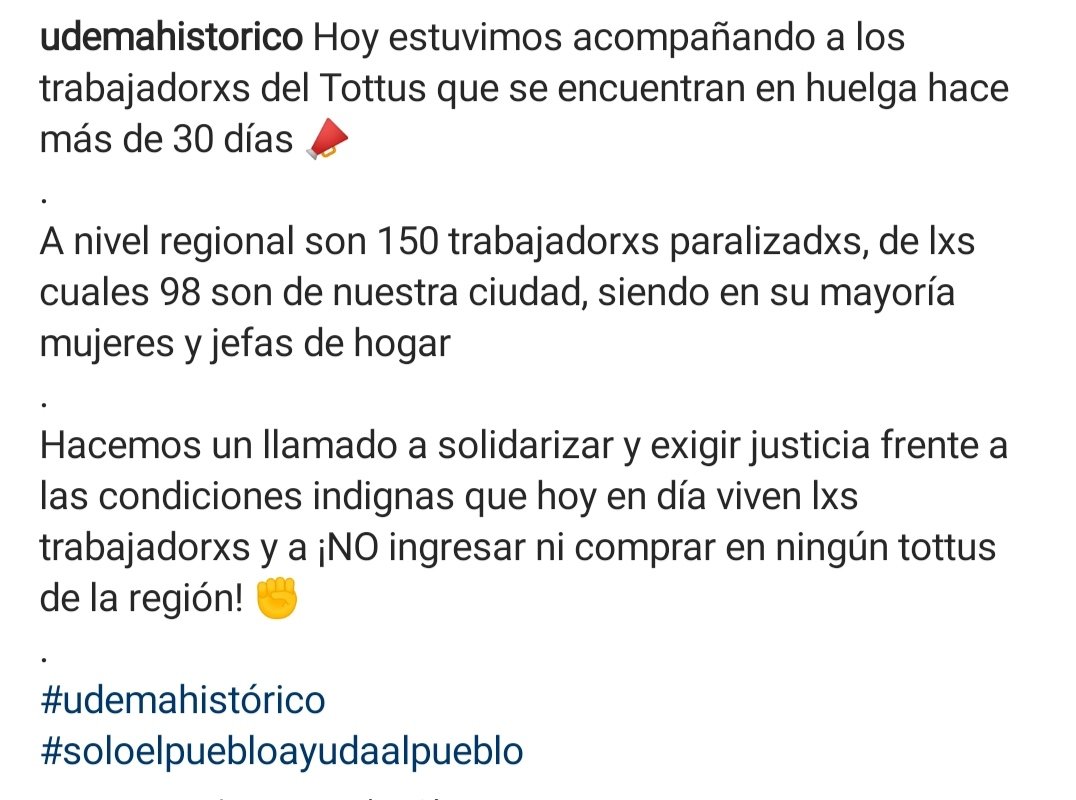 Hoy estuvimos acompañando a los trabajadorxs del Tottus que se encuentran en huelga hace más de 30 días 📣
¡NO ingresar ni comprar en ningún tottus de la región! ✊
<a href="/TottusChile/">Tottus</a>

IG: 
instagram.com/p/CRKAdnvMMFh/…