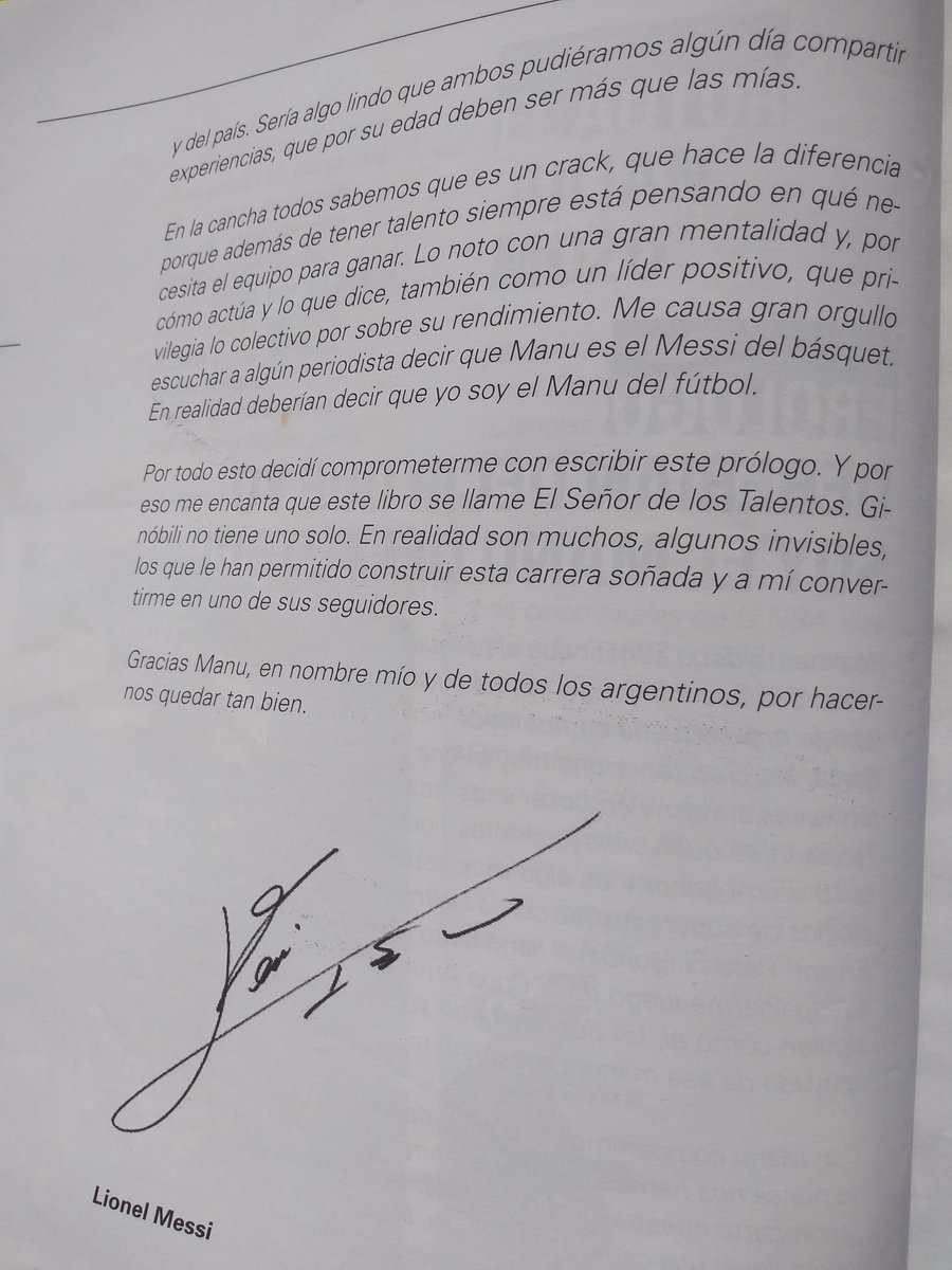 Lionel Messi sobre Manu Ginóbili en el prólogo del libro 'El Señor de los Talentos' (<a href="/ElLibroDeManu/">ElSeñorDeLosTalentos</a>):