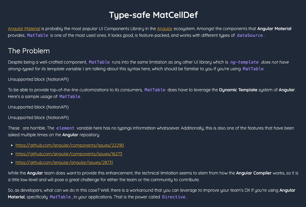 Nartc1410's tweet photo. Got the content from Notion to render as Scully Content now. However, I deem the Notion API isn't usable for Tech Blog at the time due to some unsupported blocks (CodeBlock, Image), yet. As soon as Notion supports these blocks, then it'd be a great platform to use. https://t.co/Zb0y0gJ4Ag