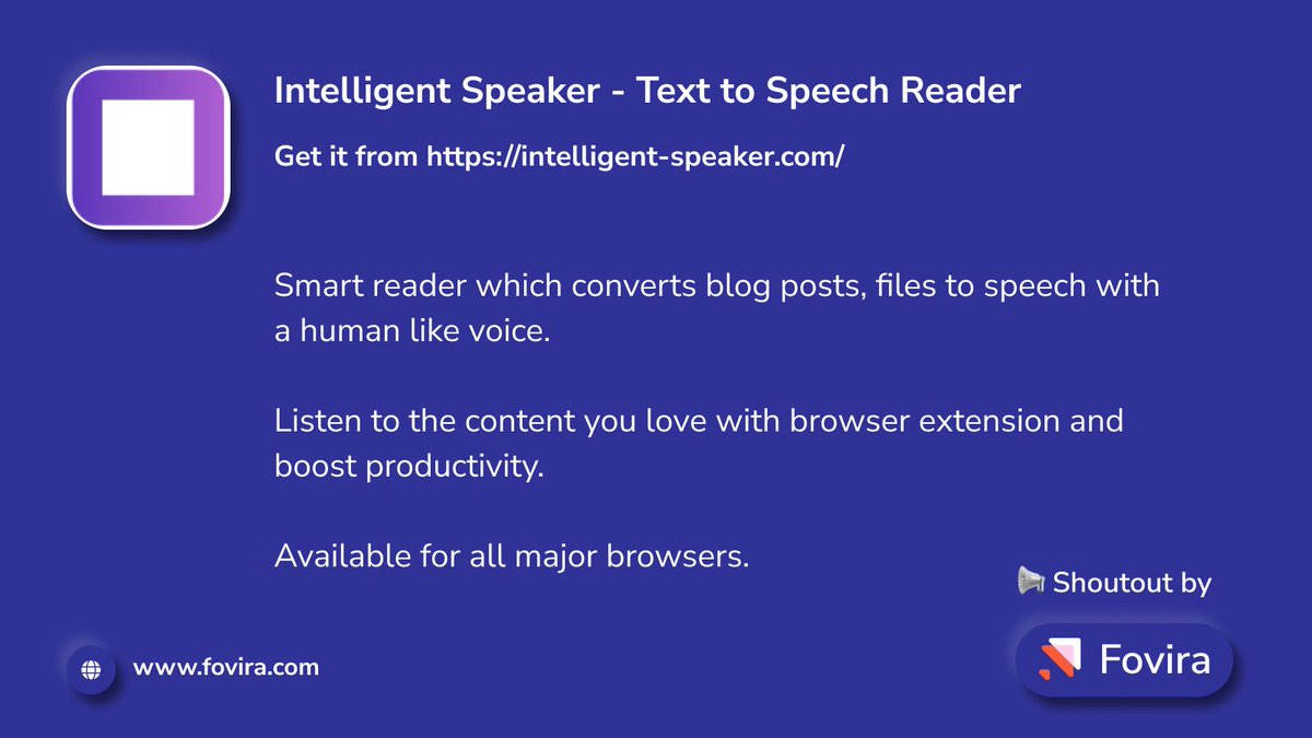foviratech's tweet photo. Shoutout #31: Intelligent Speaker - Reads out the content from the internet for you
Get it here - https://t.co/foBHS4EtGZ
#FoviraShoutout #productivityimprovement #productivitytools #content #texttospeech #textreader #savetime #aiforall #aiforgood https://t.co/hN305Q9XZv