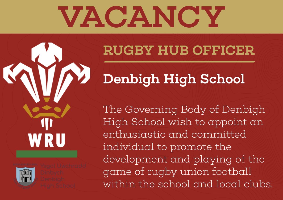 𝗖𝗹𝘄𝗯 𝗥𝘆𝗴𝗯𝗶 𝗗𝗶𝗻𝗯𝘆𝗰𝗵 (@crdinbych) on Twitter photo VACANCY: Rugby Hub Officer
A brilliant opportunity to become a <a href="/WelshRugbyUnion/">Welsh Rugby Union 🏴</a> Rugby Hub Officer <a href="/DenbighHighSch/">Denbigh High School</a>.
If you are interested, click on the link below and we look forward to working with the successful candidate in September!
eteach.com/job/rugby-hub-…
#DHS VACANCY: Rugby Hub Officer
A brilliant opportunity to become a <a href="/WelshRugbyUnion/">Welsh Rugby Union 🏴</a> Rugby Hub Officer <a href="/DenbighHighSch/">Denbigh High School</a>.
If you are interested, click on the link below and we look forward to working with the successful candidate in September!
eteach.com/job/rugby-hub-…
#DHS