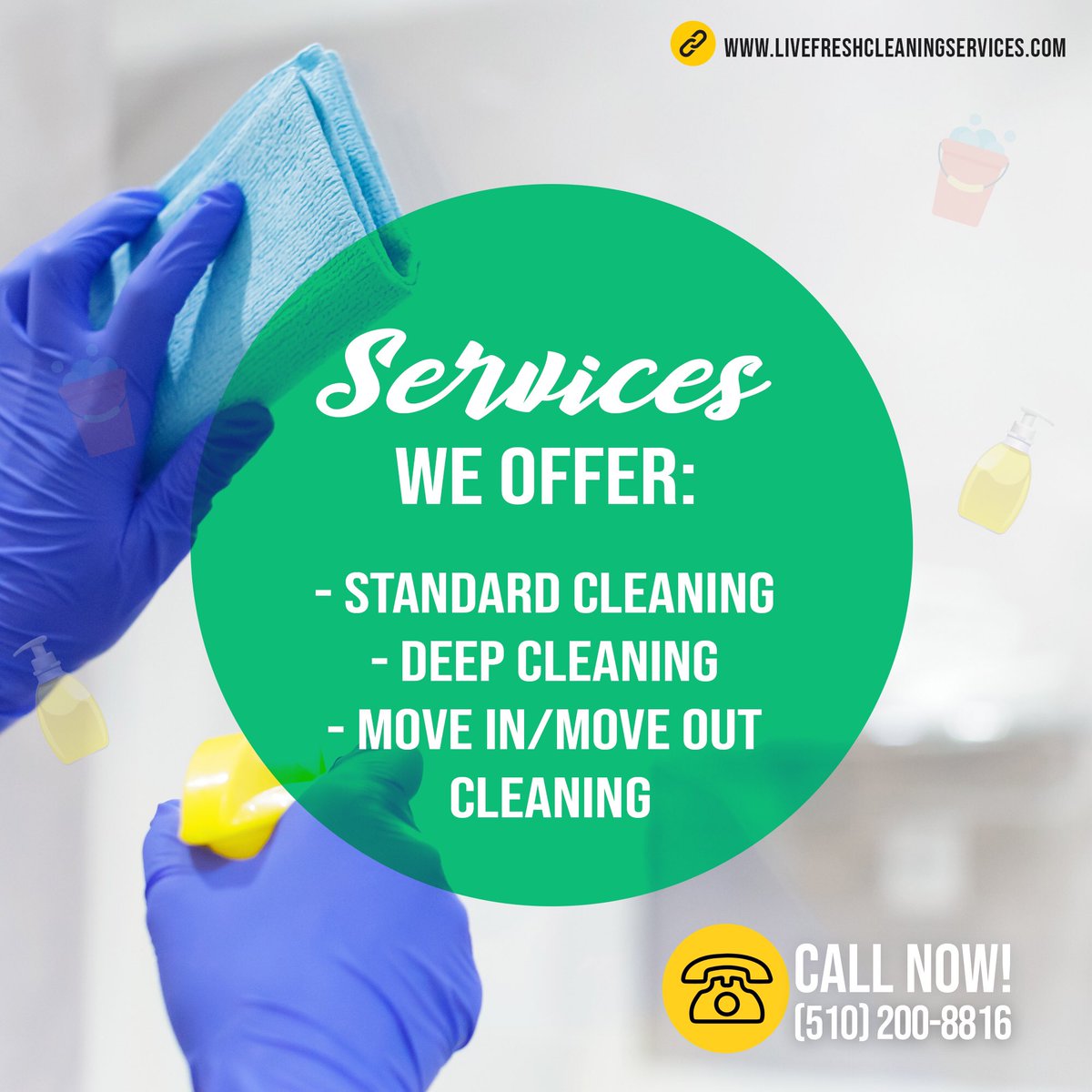 LiveFreshClean's tweet image. We cover all of your cleaning needs. 

Reach out to us if you’re looking for a professional and reliable cleaning team.

Our number is 510-200-8816. 

Oh, and you’ll get a 20% discount on your first service. ;)

#LiveFresh
#CleaningServices #Piedmont #Stockton #CA #California