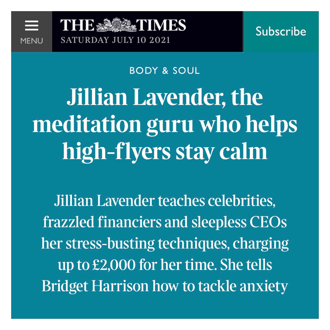Exciting to see @JillianLavender featured in The London Times @thetimes today, discussing why the deep rest of #VedicMeditation is such a vital antidote to the stress and demands of our busy lives.

#whymeditatebecauseitworks

thetimes.co.uk/article/jillia…