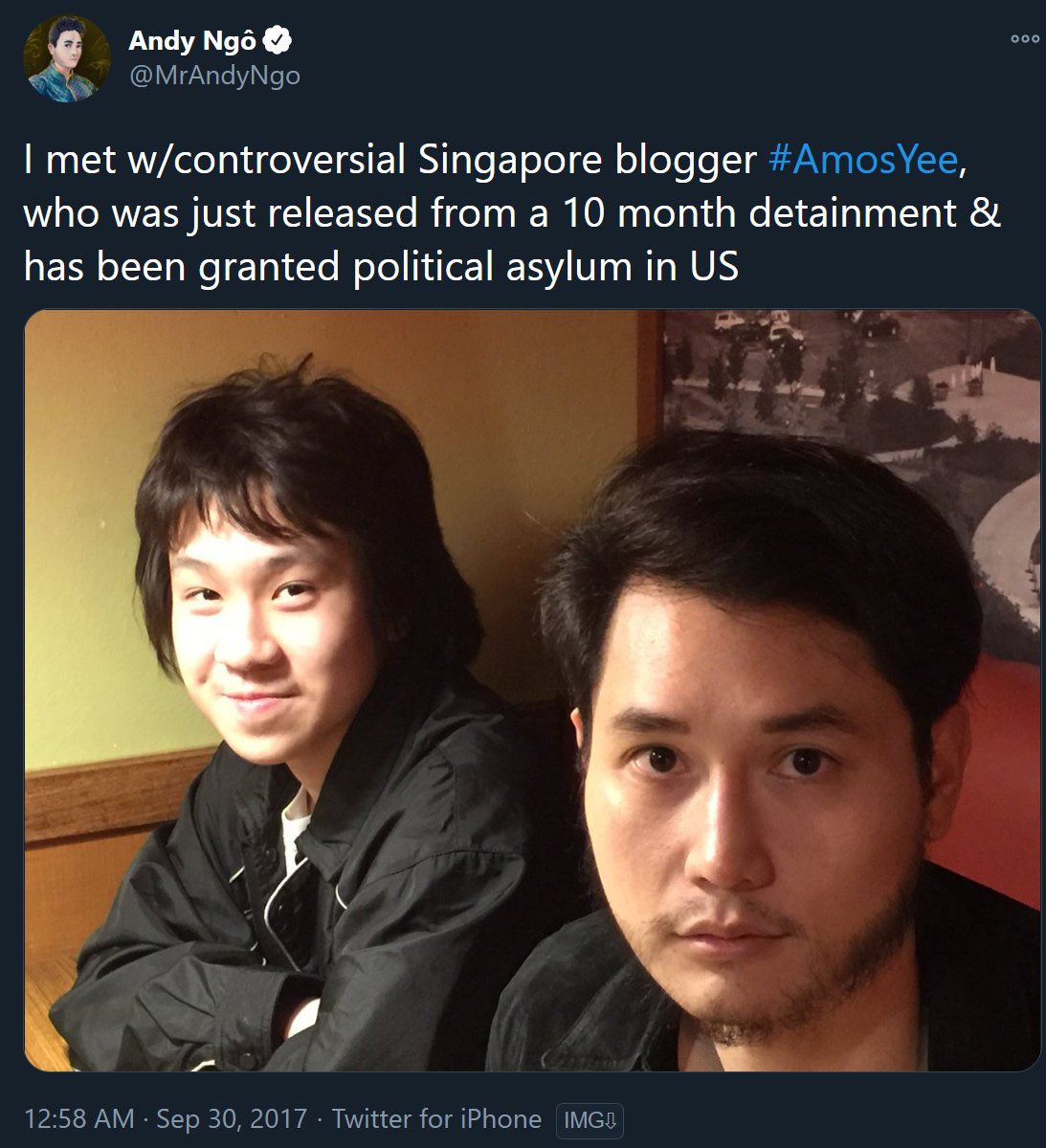 Here we find former journalist @MrAndyNgo hanging out with his “controversial” friend Amos Yee. Days after this photo was taken the openly pro-pedophilia Yee had his YouTube taken down for videos entitled “Why Pedophilia Is Alright,” “Don’t Discriminate Pedophiles,” and “Free…
