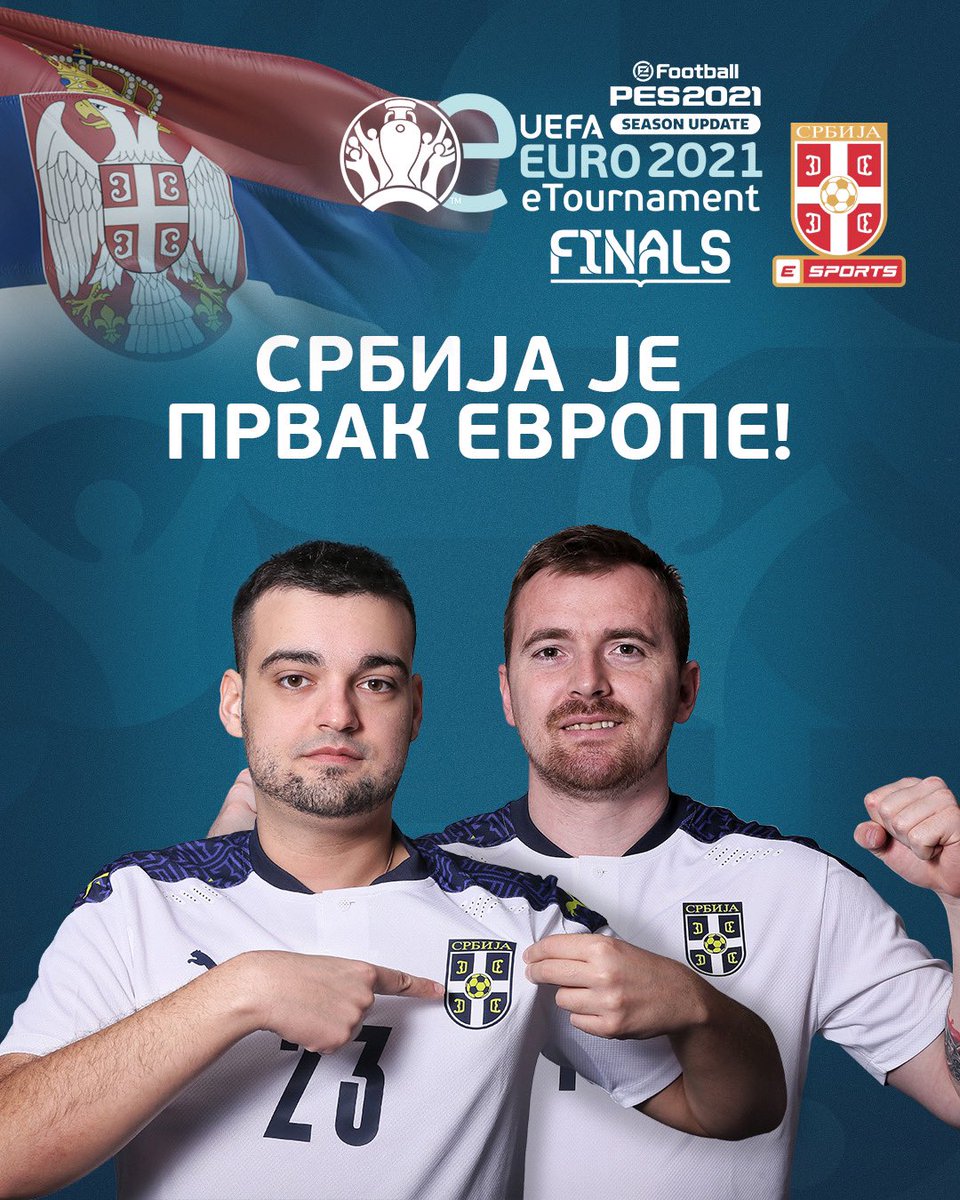 🇷🇸 СРБИЈА ЈЕ ПРВАК ЕВРОПЕ! 🏆

🔥 Честитамо 🎮 е-селекцији Фудбалског савеза Србије освајање Европског првенства #eEURO2021! 👏🏻

🥇 Марко Роксић Рокса 🦅
🥇 Стефан Славковић Кепа 🦅

#eFSS #SrcemSvim #Orlovi
#PES2021 #Srbija #FSS