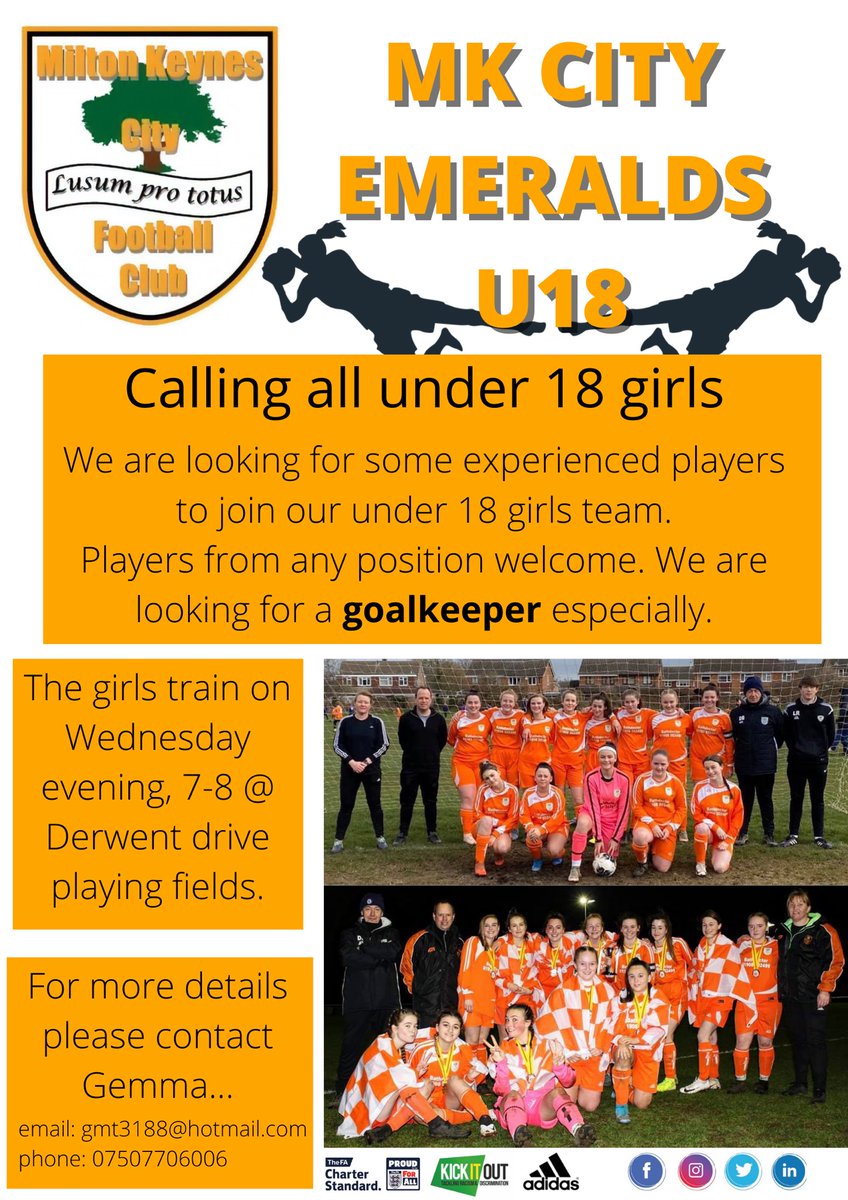 🗣CALLING ALL UNDER 18 GIRLS🗣

Players wanted from all positions, including a GOALKEEPER! 

Details on poster ⚽️

#mkcityfc #miltonkeynesfootball #goalkeeperwanted @FootballGrf @MKC_SPORT @MKCollege @BedsFA