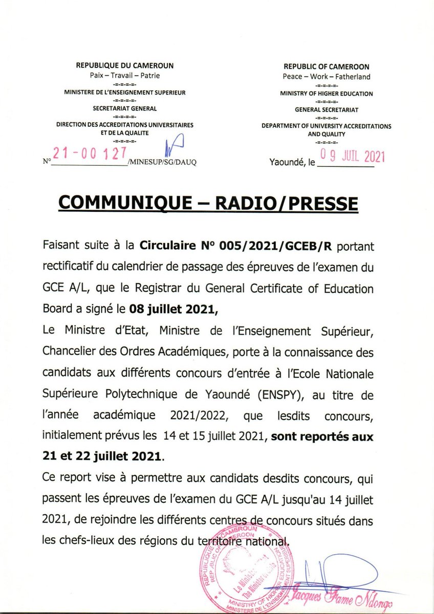 MinesupCmr's tweet image. #ENSPY 
Le Ministre d&apos;Etat,Ministre de l&apos;Enseignement Supérieur,Chancelier des Ordres Académiques,porte à la connaissance des candidats aux différents concours d&apos;entrée à l&apos;Ecole Nationale Supérieure Polytechnique (ENSPY),que lesdits concours sont reportés aux 21&amp;amp; 22 juillet 2021