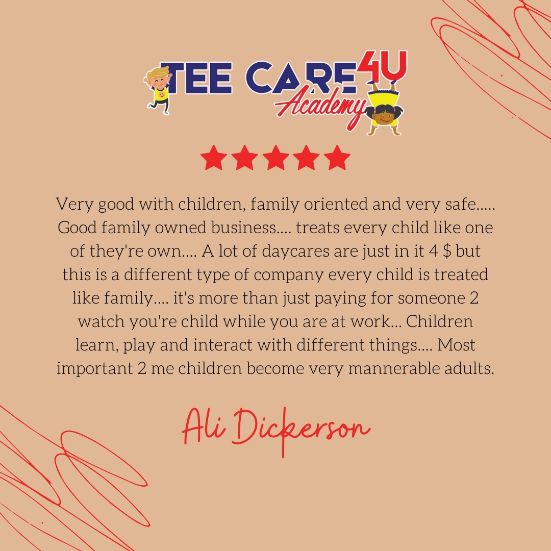 We love it when our dads tell us how much they love our services. Thank you, Ali, for your wonderful review! This is why we love serving families in our community. 

#TeeCare4U #dads #dadsrock #daycarelife #daycareprovider #daycareflow #Henrico #henricodaycare #rvadaycare #RVA