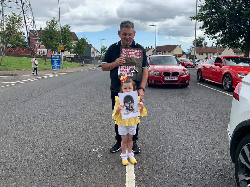SprinWestrock72's tweet photo. The Springhill/Westrock Massacre families were out again today in support of @tftcampaign White picket line in response to the UK Government’s proposed legacy bill and failure to deal with the legacy of the conflict. #noamnesty #EndStateImpunity #TimeForTruth https://t.co/ERULetBOqu